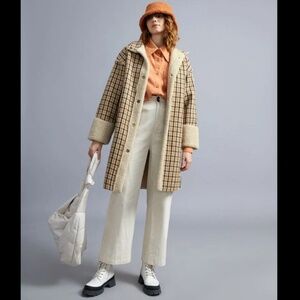 Long Plaid Drop Shoulder Shearling Coat